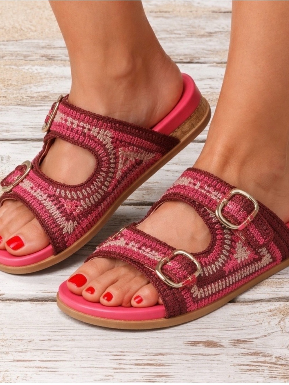 Dolce Vita Hot Pink Crochet Double-Buckle Slide Mules